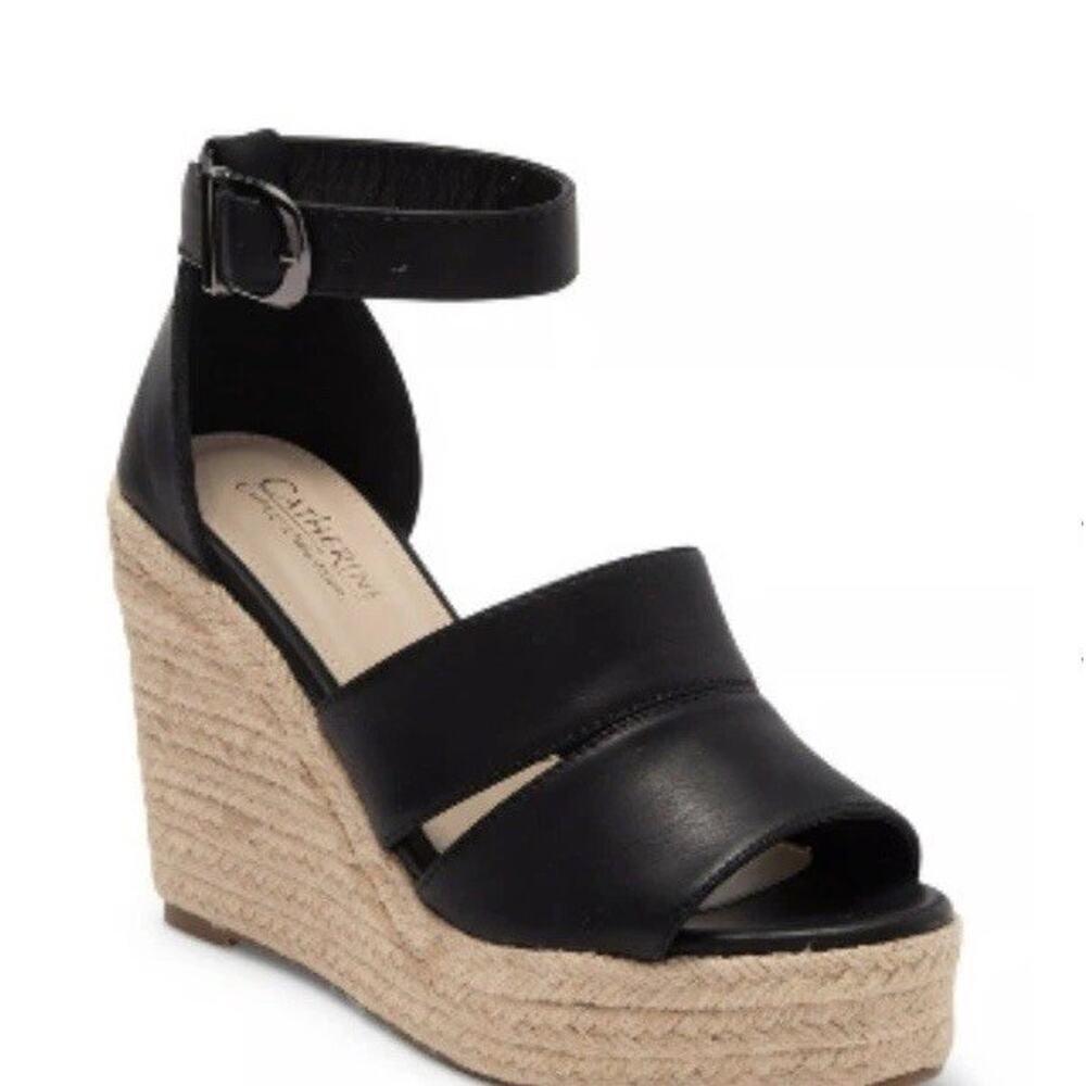 Catherine Malandrino Andiee Espadrille Platform Wedge Sz 8.5 Black Veg Leather